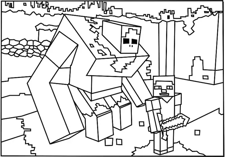 Coloriage de personnages de Minecraft en pleine aventure dans un environnement pixelisé