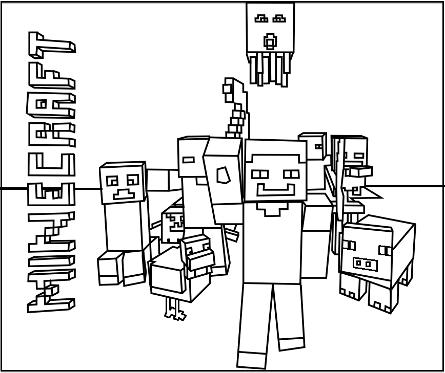 Coloriage de personnages de Minecraft dans un environnement cubique
