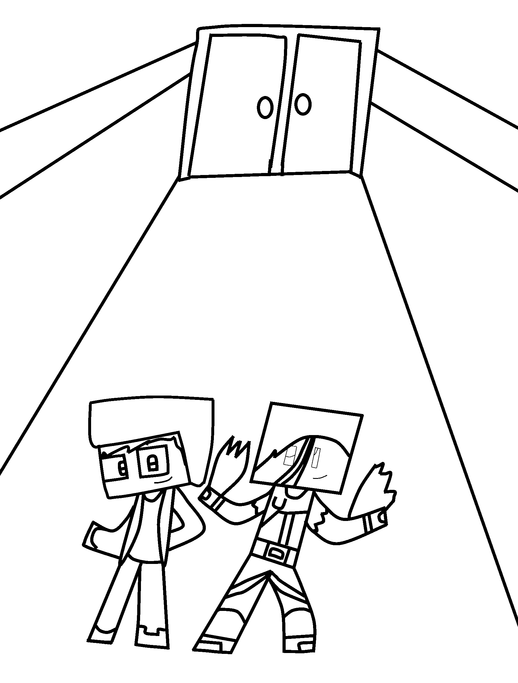 Coloriage de personnages de Minecraft dans un monde cubique