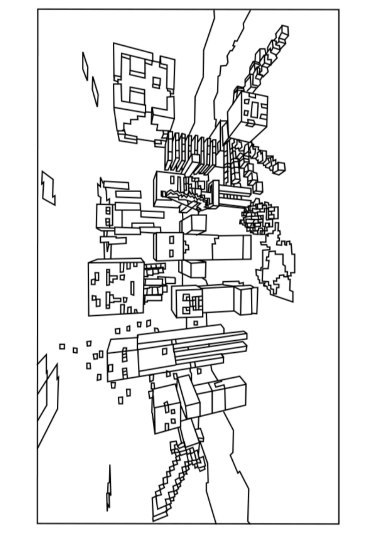 Coloriage de personnages de Minecraft dans un paysage pixelisé