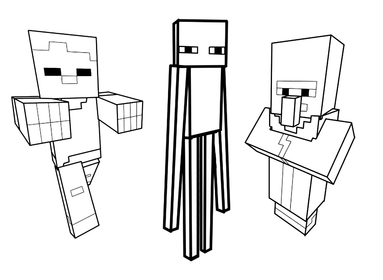 Coloriage de personnages emblématiques de Minecraft dans un paysage pixelisé