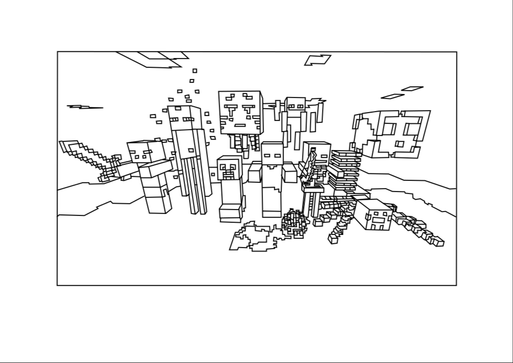 Coloriage de personnages de Minecraft en pleine aventure dans un paysage pixelisé