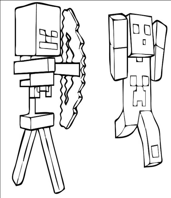 Coloriage de personnages et créatures de Minecraft dans un décor de paysage pixelisé