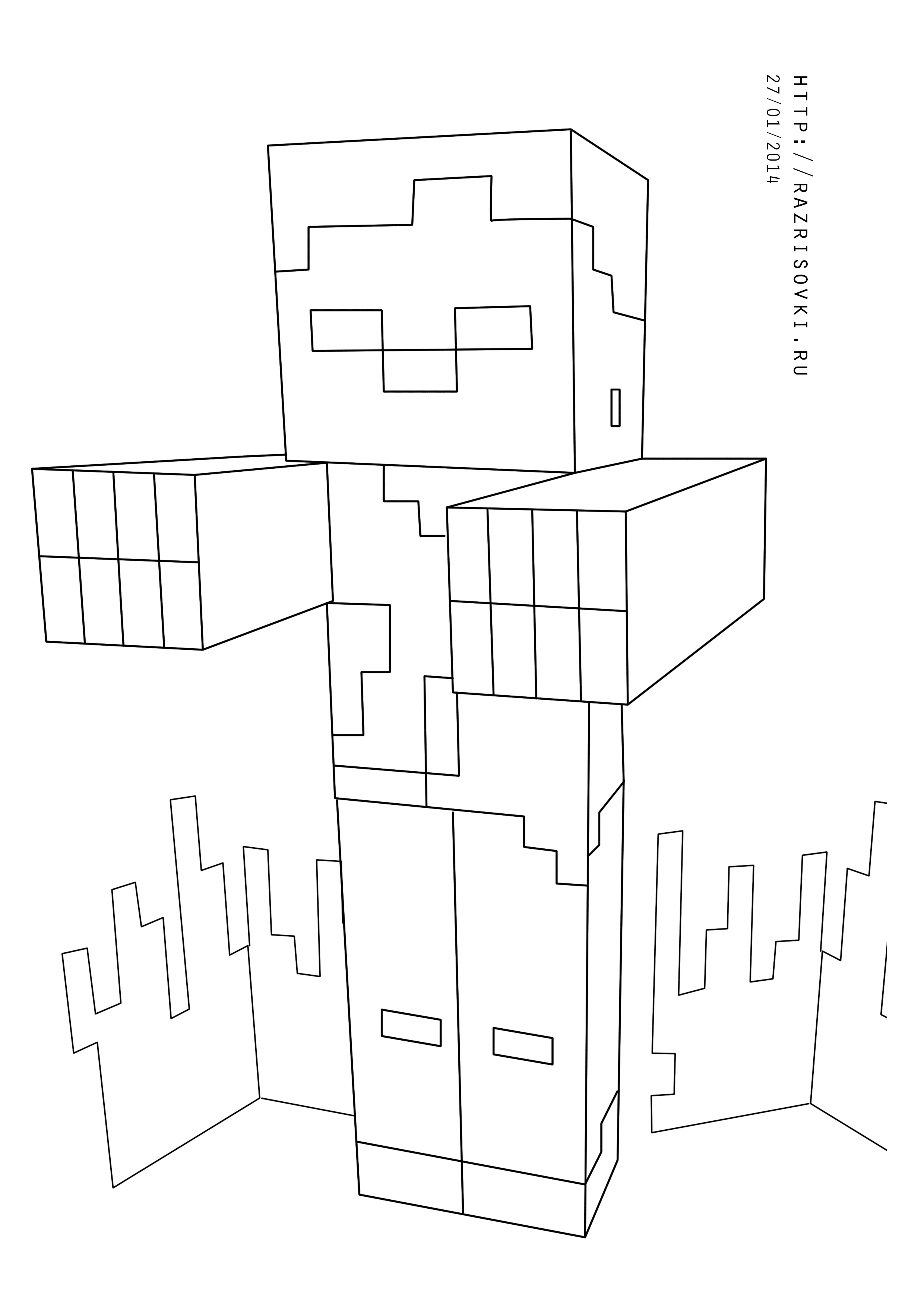 Coloriage de personnages de Minecraft dans un paysage pixelisé