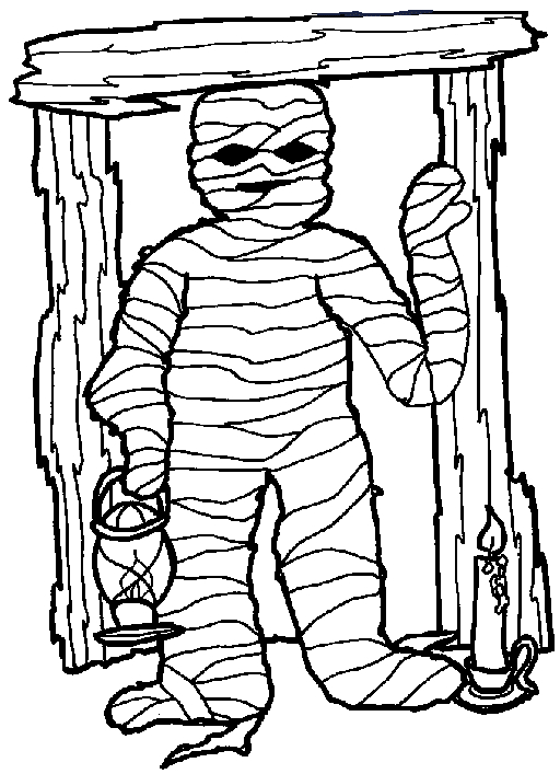 Un coloriage de momie dans un décor ancien et mystérieux