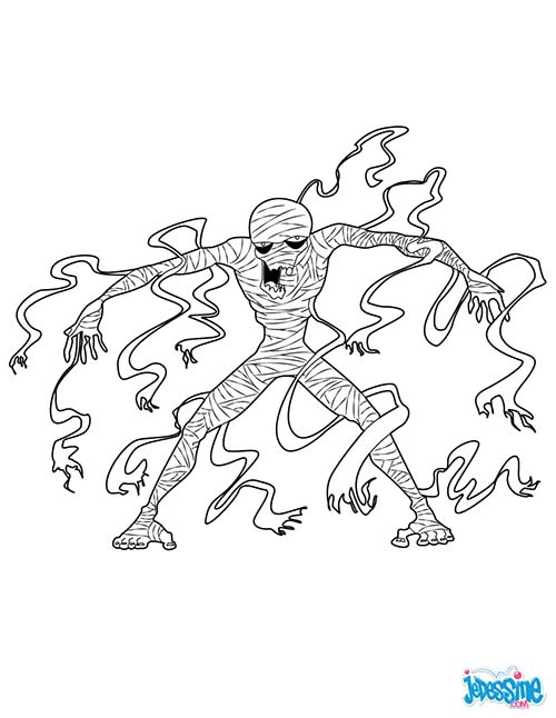 Coloriage d'une momie entourée d'éléments égyptiens