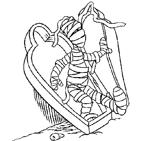 Coloriage d'une momie dans une ambiance mystérieuse