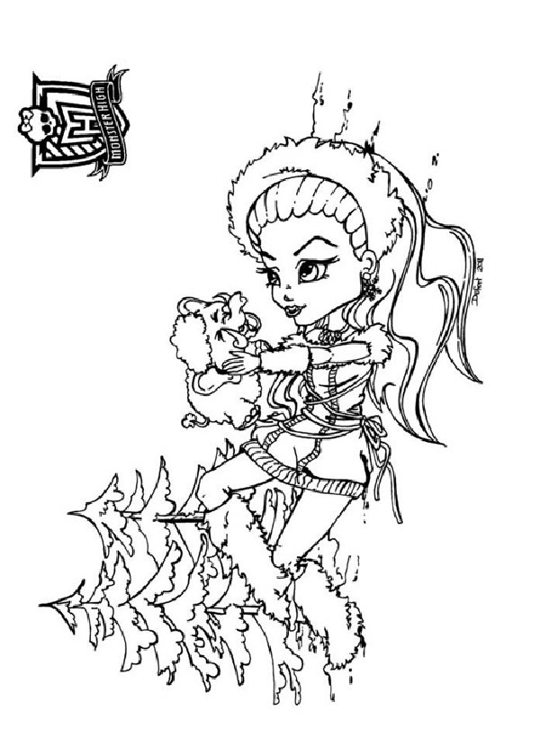 Coloriage d'une jeune fille inspirée de Monster High avec un décor stylisé