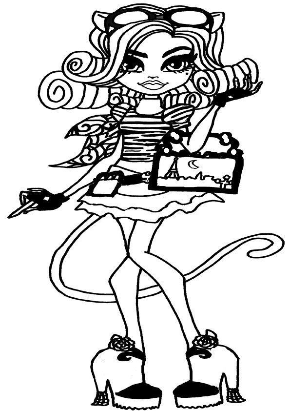 Coloriage de Monster High : une élève en pleine pose avec un décor stylisé