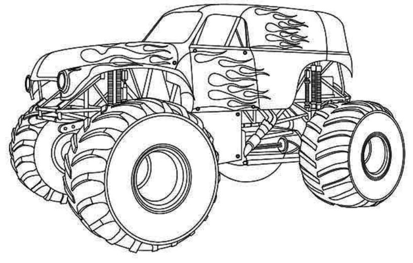 Coloriage d'un monster truck sur un terrain accidenté Coloriage d'un monster truck sur un terrain accidenté