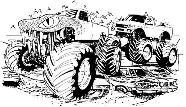 Coloriage d'un monster truck sur un terrain d'aventure Coloriage d'un monster truck sur un terrain d'aventure