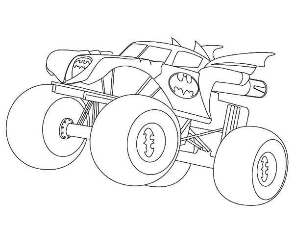 Coloriage d'un monster truck en pleine action sur un terrain accidenté Coloriage d'un monster truck en pleine action sur un terrain accidenté