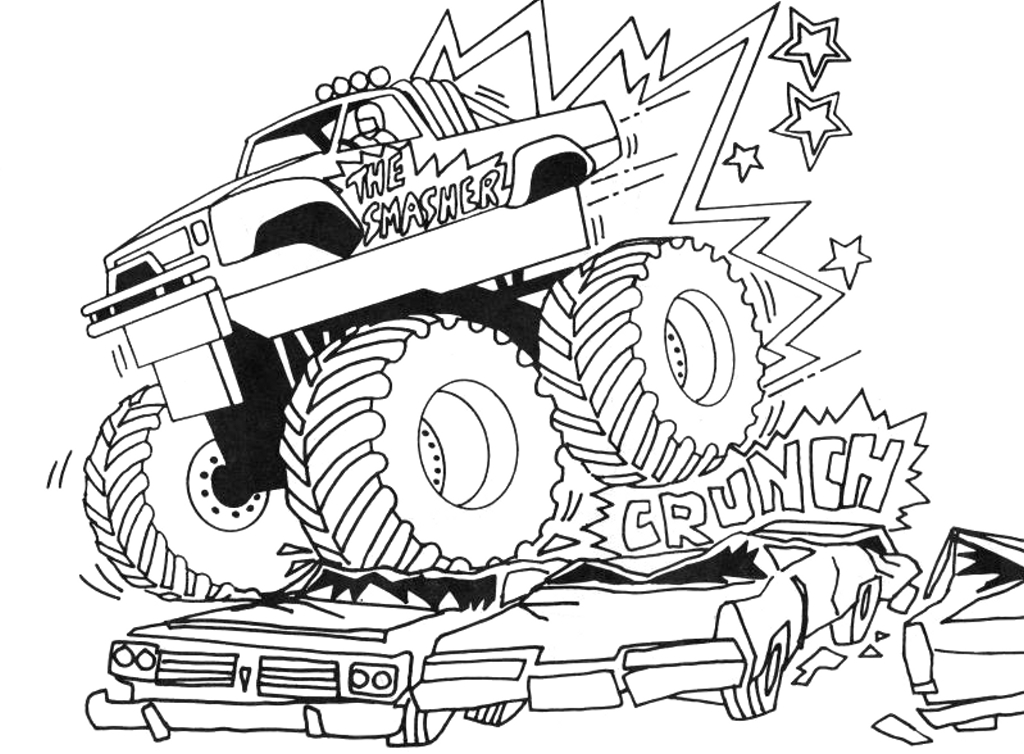 Coloriage d'un monster truck en pleine action sur un terrain accidenté Coloriage d'un monster truck en pleine action sur un terrain accidenté