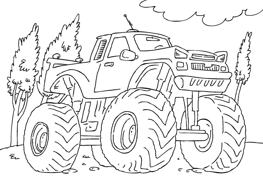 Coloriage d'un monster truck en pleine action sur un terrain accidenté Coloriage d'un monster truck en pleine action sur un terrain accidenté