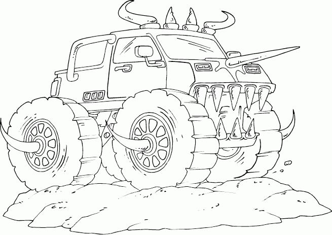 Coloriage d'un monster truck en pleine action sur un terrain accidenté Coloriage d'un monster truck en pleine action sur un terrain accidenté