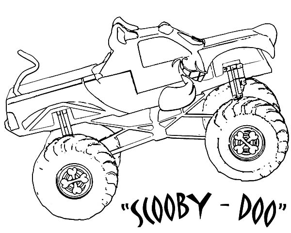 Coloriage d'un monster truck en action sur un terrain accidenté Coloriage d'un monster truck en action sur un terrain accidenté