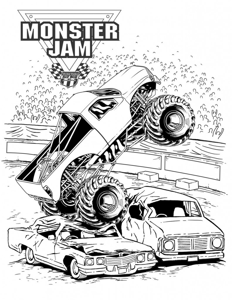 Coloriage d'un monster truck en pleine action sur un terrain accidenté Coloriage d'un monster truck en pleine action sur un terrain accidenté
