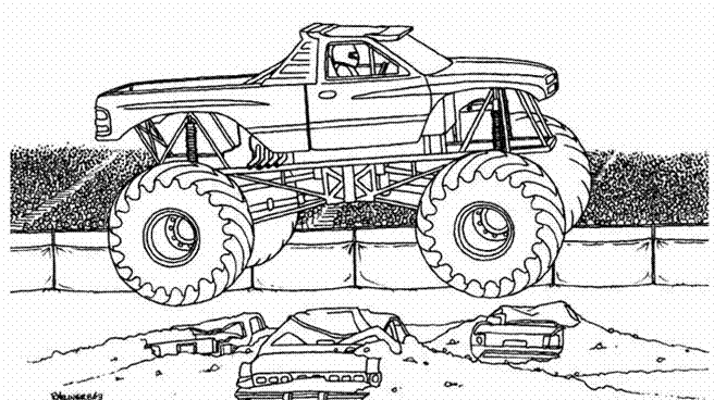 Coloriage d'un monster truck en pleine action sur un terrain accidenté Coloriage d'un monster truck en pleine action sur un terrain accidenté