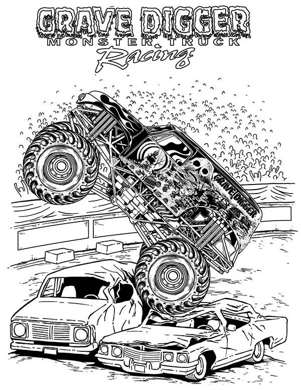 Coloriage de monster truck en pleine action sur un terrain accidenté Coloriage de monster truck en pleine action sur un terrain accidenté