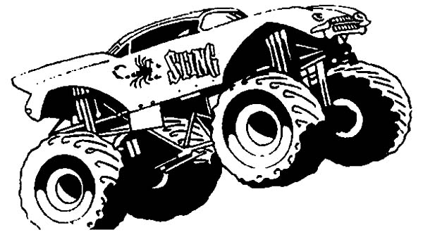 Coloriage d'un monster truck en pleine action sur un terrain accidenté Coloriage d'un monster truck en pleine action sur un terrain accidenté
