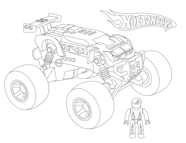 Coloriage d'un monster truck en pleine action sur un terrain accidenté Coloriage d'un monster truck en pleine action sur un terrain accidenté