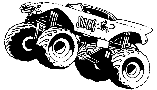 Coloriage d'un monster truck en pleine action sur un terrain accidenté Coloriage d'un monster truck en pleine action sur un terrain accidenté