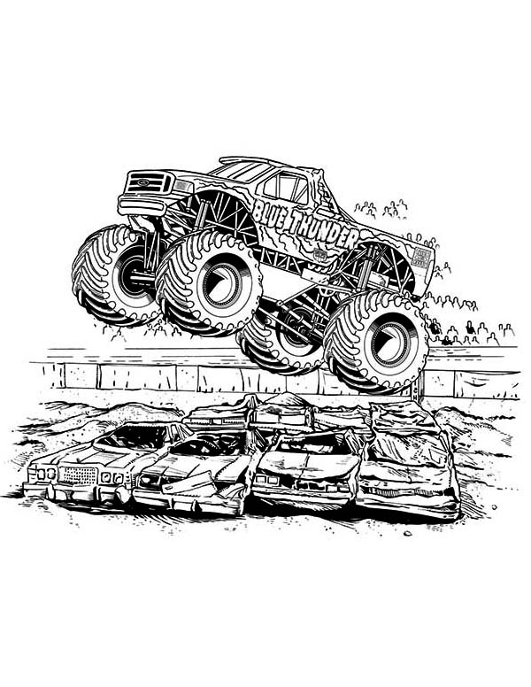 Coloriage d'un monster truck en pleine action sur un terrain accidenté Coloriage d'un monster truck en pleine action sur un terrain accidenté