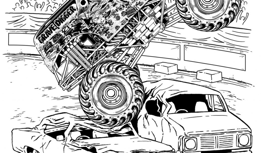Coloriage d'un monster truck sur un terrain accidenté Coloriage d'un monster truck sur un terrain accidenté