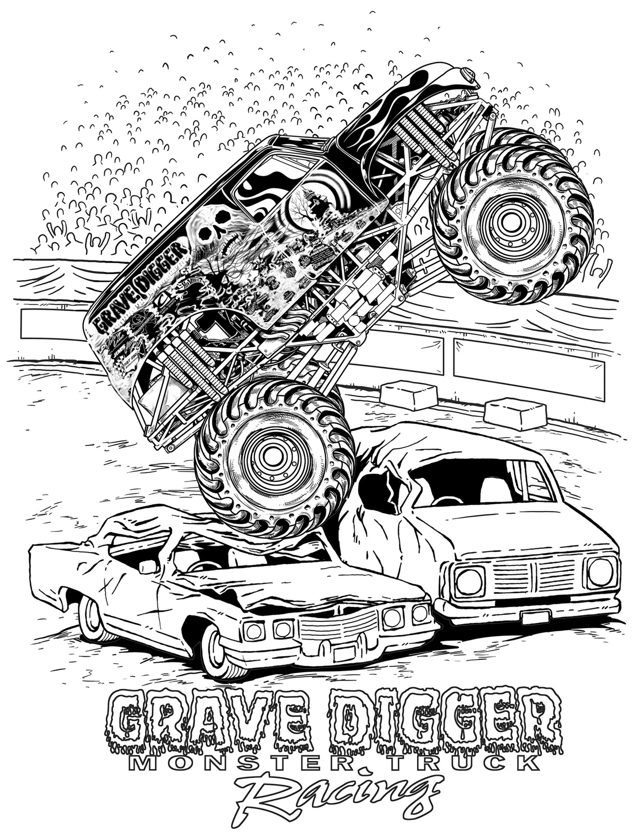 Coloriage d'un monster truck sur un terrain accidenté Coloriage d'un monster truck sur un terrain accidenté