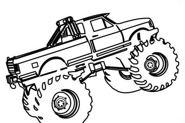 Coloriage d'un monster truck en pleine action sur un terrain accidenté Coloriage d'un monster truck en pleine action sur un terrain accidenté