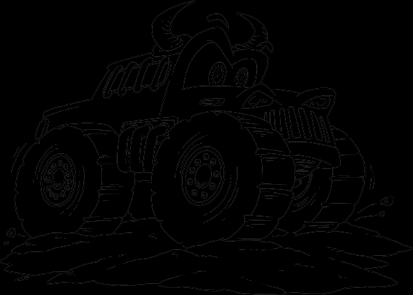 Coloriage d'un monster truck en pleine action sur un terrain accidenté Coloriage d'un monster truck en pleine action sur un terrain accidenté