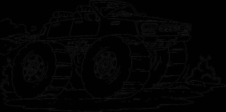 Coloriage d'un monster truck en pleine action sur un terrain accidenté Coloriage d'un monster truck en pleine action sur un terrain accidenté