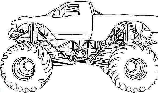 Coloriage d'un monster truck en pleine action sur un terrain accidenté Coloriage d'un monster truck en pleine action sur un terrain accidenté