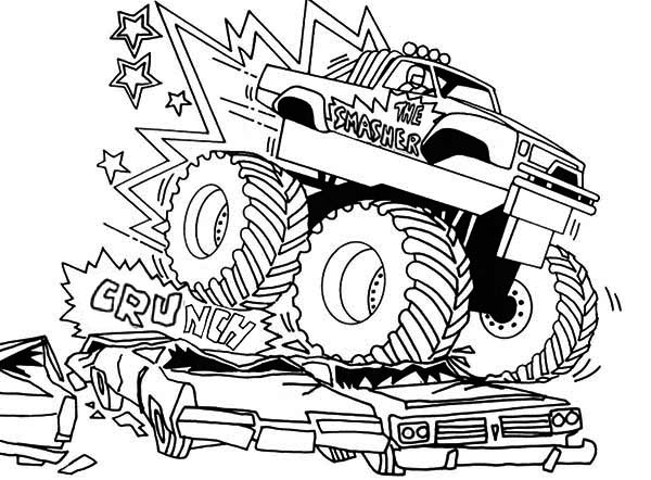Coloriage d'un monster truck en action sur un terrain accidenté Coloriage d'un monster truck en action sur un terrain accidenté