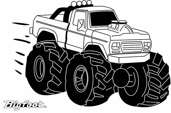 Coloriage d'un monster truck en pleine action sur un terrain accidenté Coloriage d'un monster truck en pleine action sur un terrain accidenté