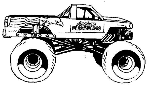 Coloriage d'un monster truck en pleine action sur un terrain accidenté Coloriage d'un monster truck en pleine action sur un terrain accidenté