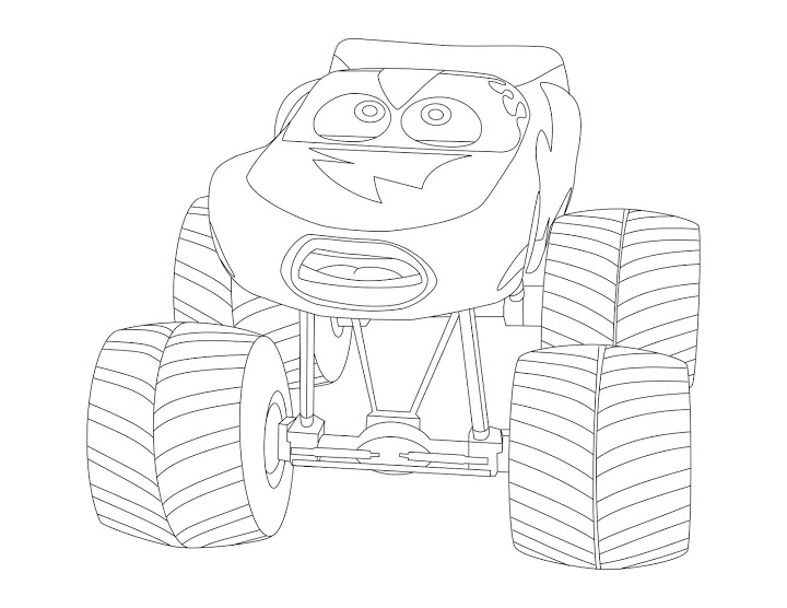 Coloriage d'un monster truck en pleine action sur un terrain accidenté Coloriage d'un monster truck en pleine action sur un terrain accidenté