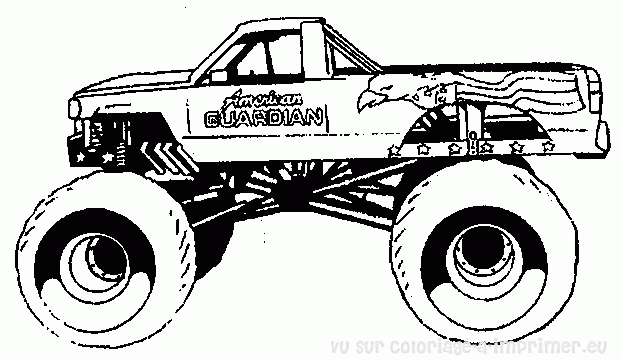 Coloriage d'un monster truck en pleine action sur un terrain accidenté Coloriage d'un monster truck en pleine action sur un terrain accidenté