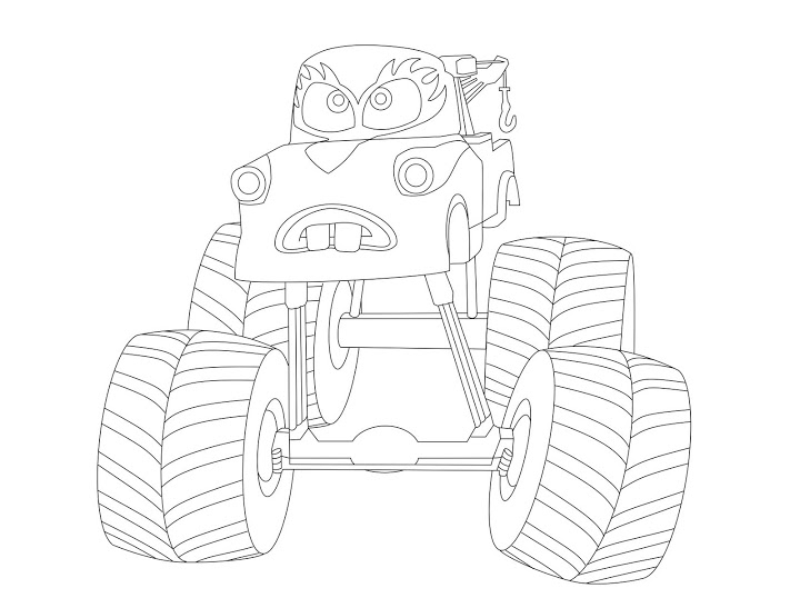 Coloriage d'un monster truck en pleine action sur un terrain accidenté Coloriage d'un monster truck en pleine action sur un terrain accidenté