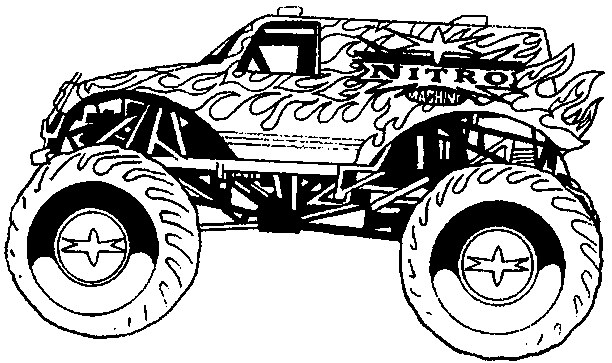 Coloriage d'un monster truck en pleine action sur un terrain accidenté Coloriage d'un monster truck en pleine action sur un terrain accidenté