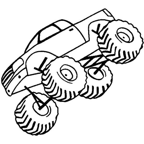 Coloriage d'un monster truck en pleine action sur un terrain accidenté Coloriage d'un monster truck en pleine action sur un terrain accidenté