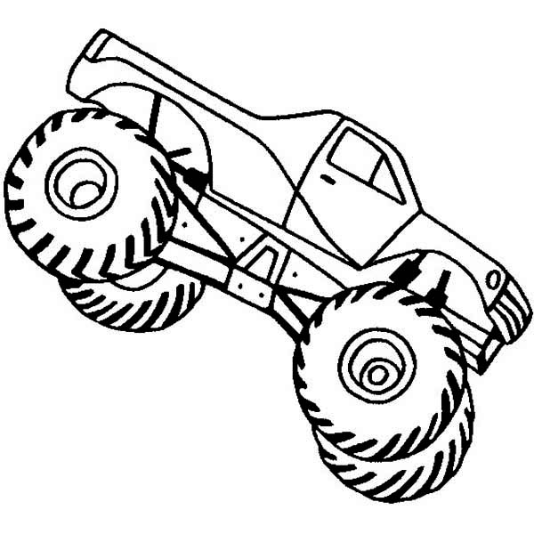 Coloriage d'un monster truck en pleine action sur un terrain accidenté Coloriage d'un monster truck en pleine action sur un terrain accidenté