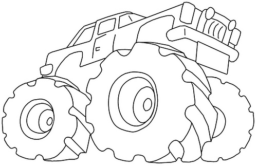 Coloriage d'un monster truck en pleine action sur un terrain accidenté Coloriage d'un monster truck en pleine action sur un terrain accidenté