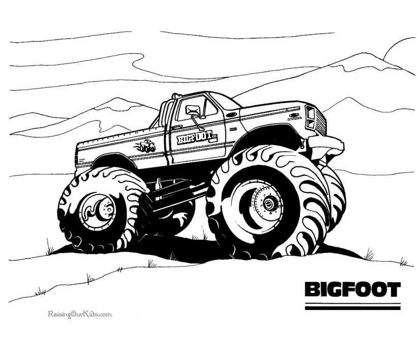 Coloriage d'un monster truck en pleine action sur un terrain accidenté Coloriage d'un monster truck en pleine action sur un terrain accidenté