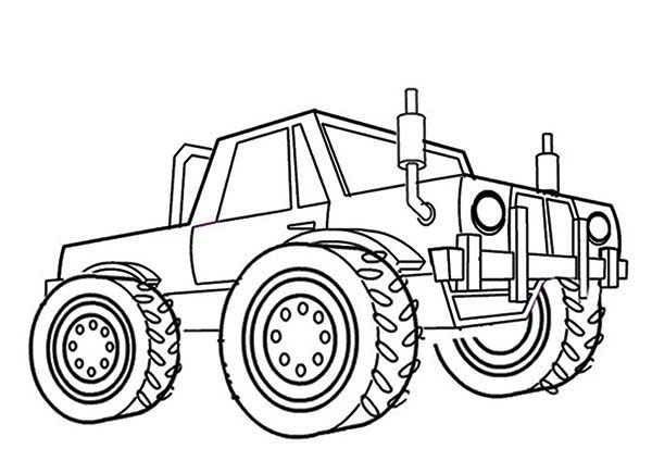 Coloriage d'un monster truck en pleine action sur un terrain accidenté Coloriage d'un monster truck en pleine action sur un terrain accidenté