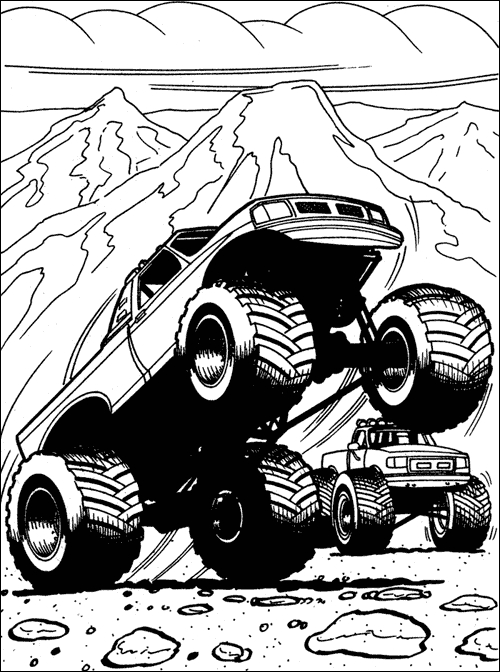 Coloriage d'un monster truck en pleine action sur un terrain accidenté Coloriage d'un monster truck en pleine action sur un terrain accidenté