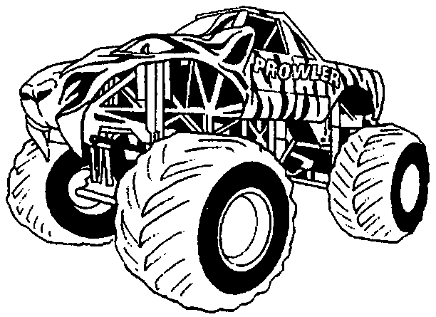 Coloriage d'un monster truck en pleine action sur un terrain accidenté Coloriage d'un monster truck en pleine action sur un terrain accidenté