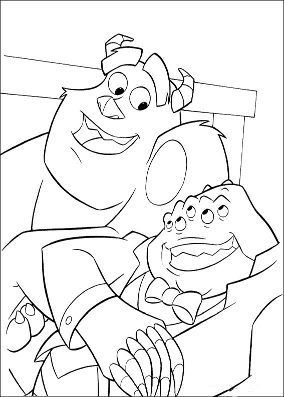 Coloriage de personnages amusants de Monstres et Cie dans un décor ludique