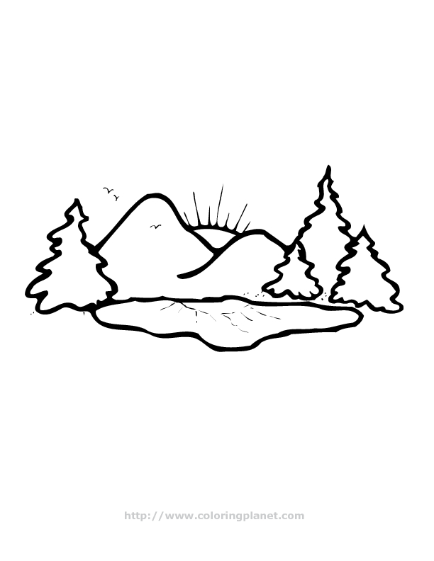 Coloriage représentant des montagnes sous un ciel nuageux