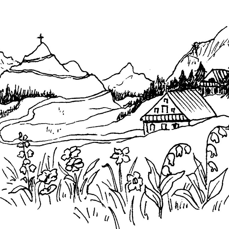 Coloriage d'une montagne avec un paysage naturel apaisant